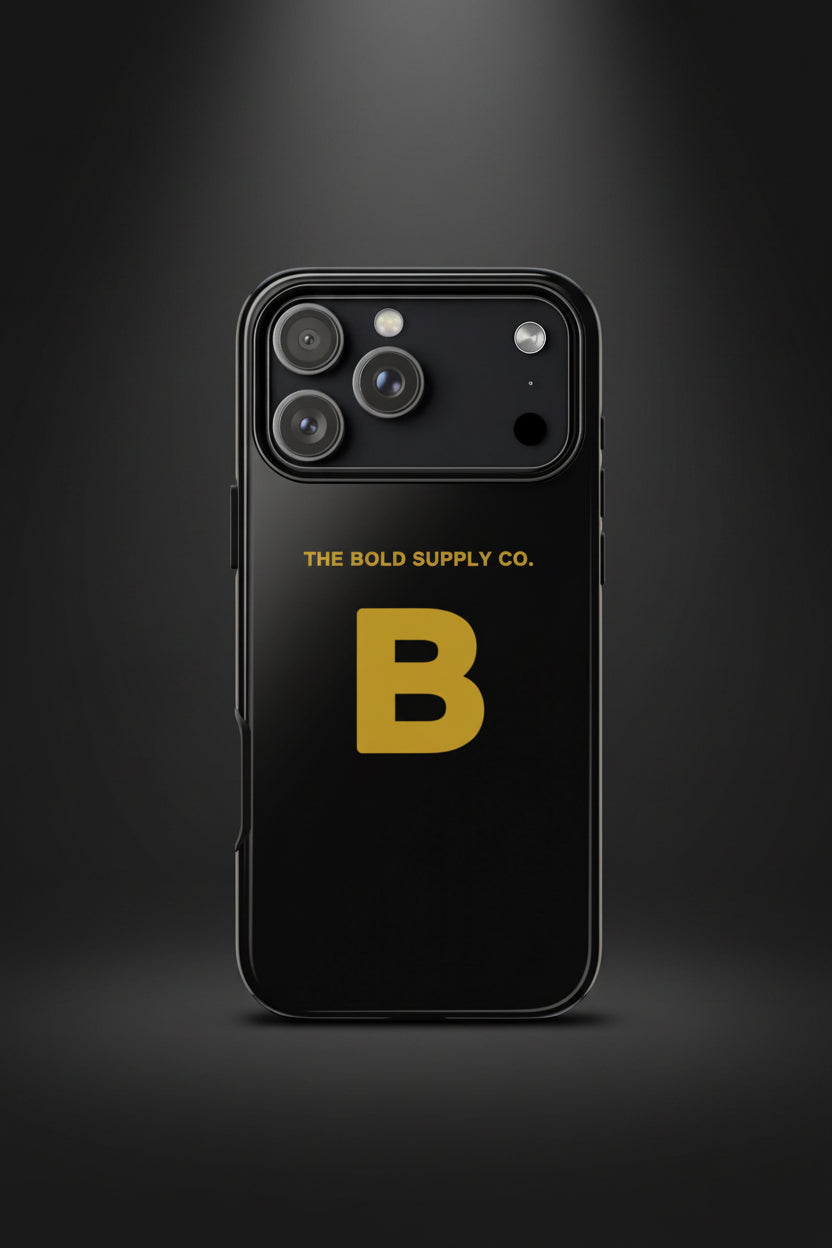 Black phone case with 'B' and 'The Bold Supply Co.' text on a white background