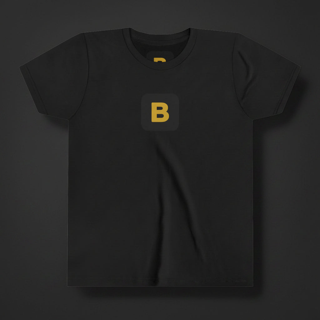 Black t-shirt with a yellow logo on a white background