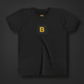 Black t-shirt with a yellow logo on a white background