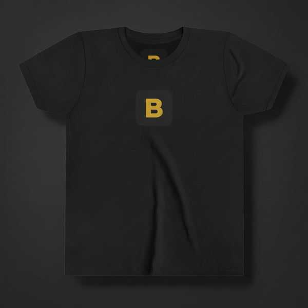 Black t-shirt with a yellow logo on a white background
