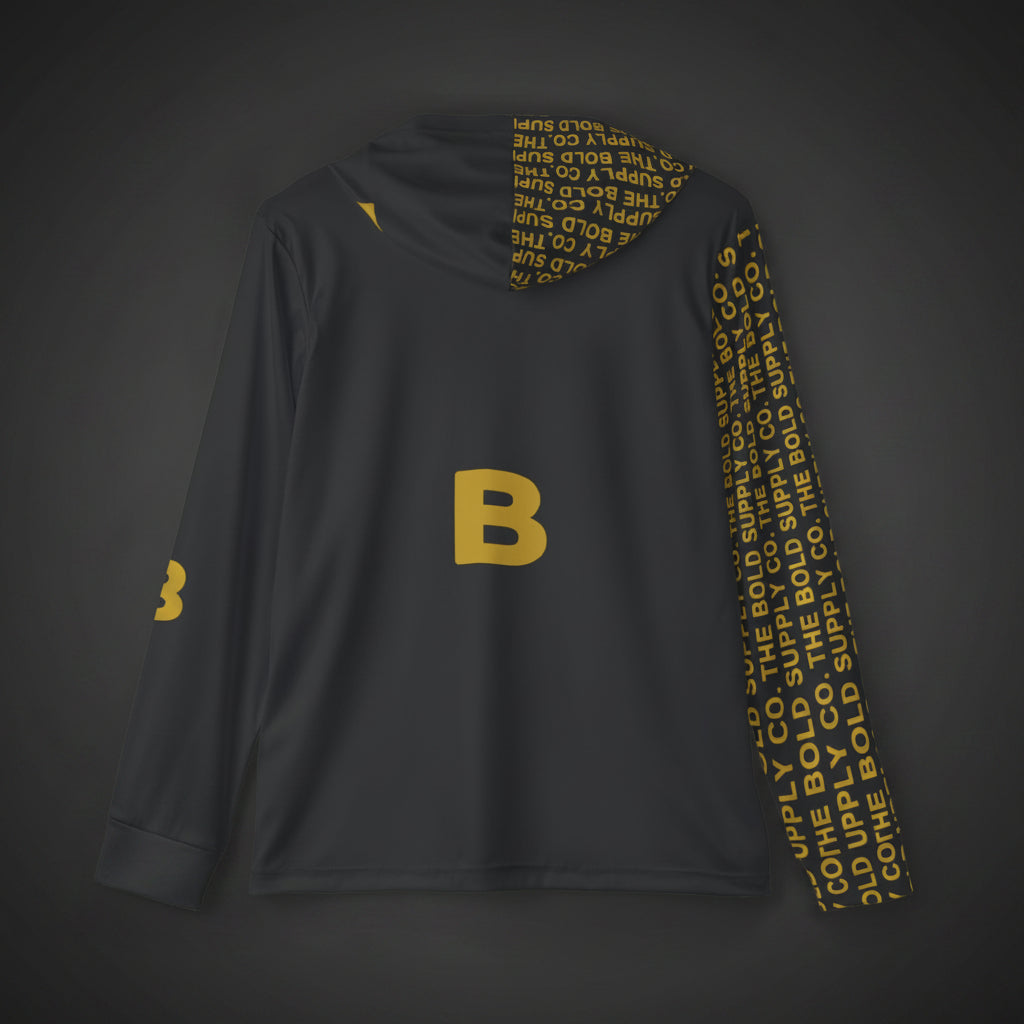 Black long-sleeve shirt with yellow text and logo on a white background