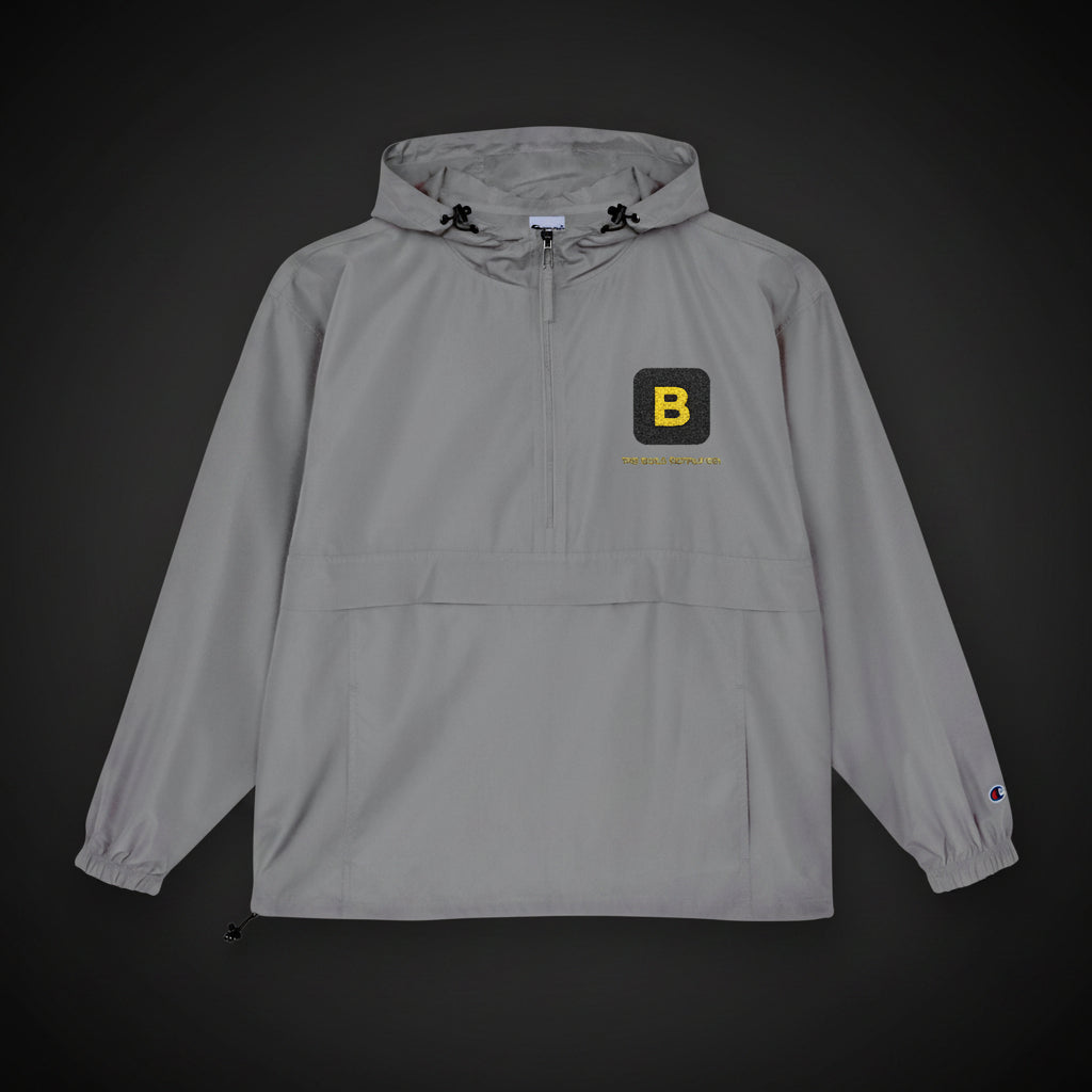 Gray hooded jacket with a logo on a white background