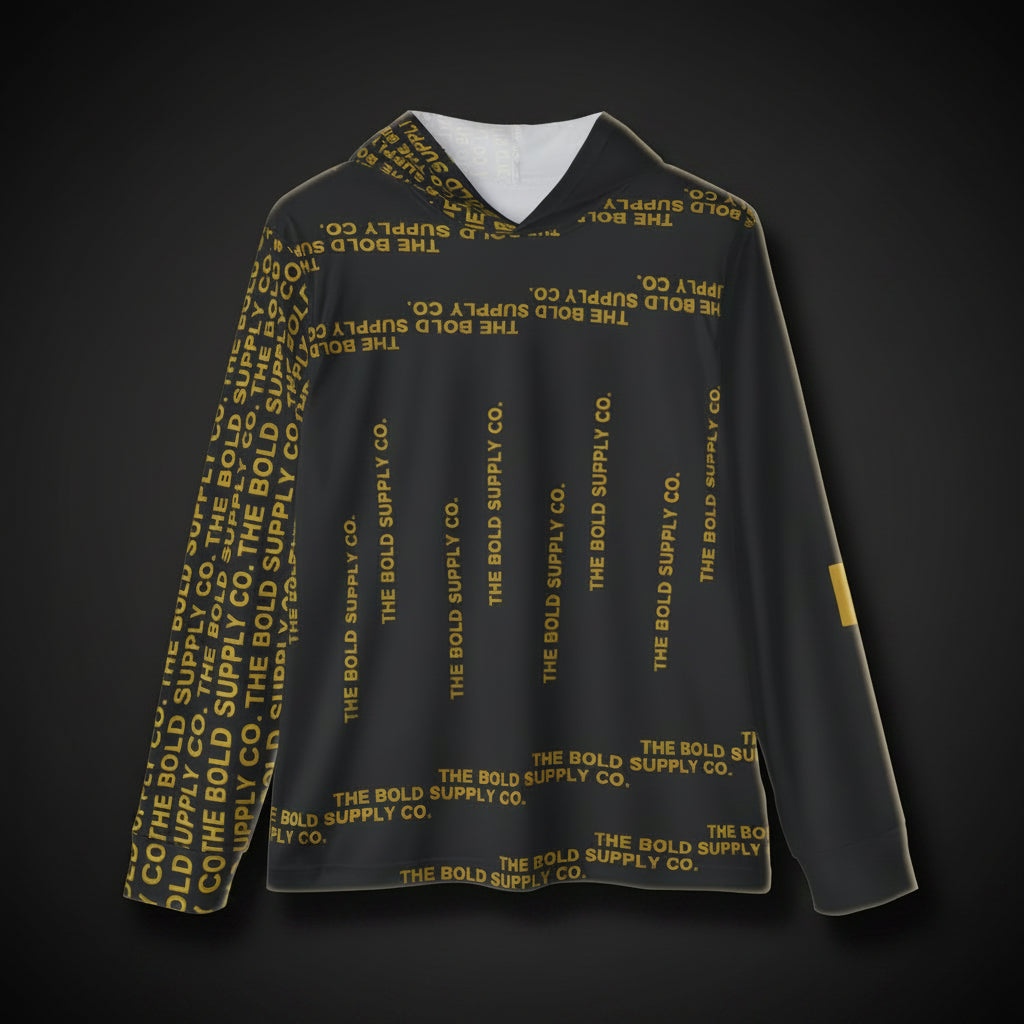 Black long-sleeve shirt with yellow text pattern on a white background