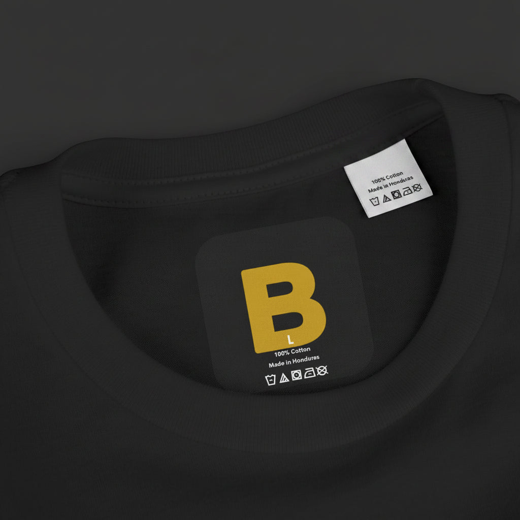 Black t-shirt with a yellow 'B' logo on the collar area
