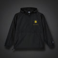 Black hooded jacket with a yellow logo on a white background