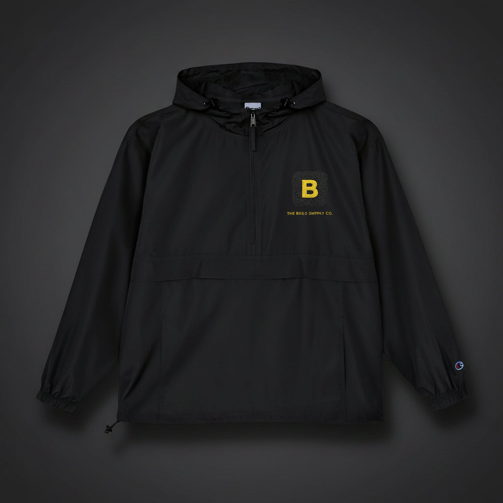 Black hooded jacket with a yellow logo on a white background