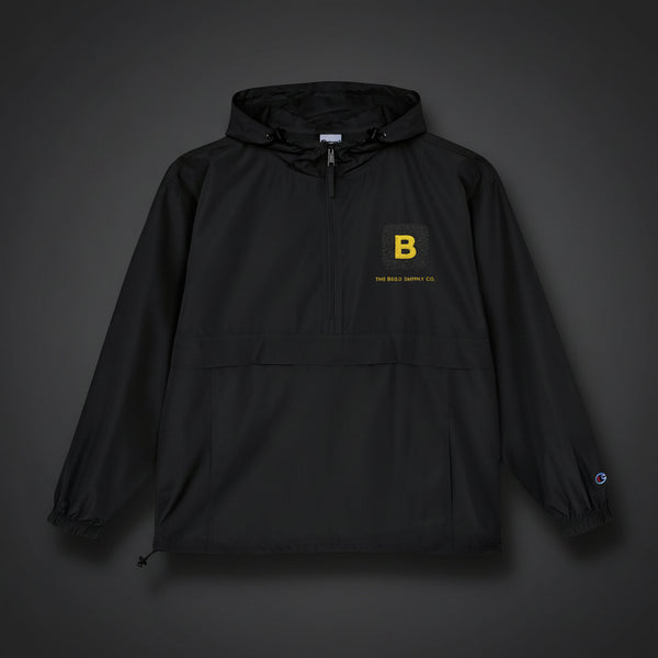 Black hooded jacket with a yellow logo on a white background