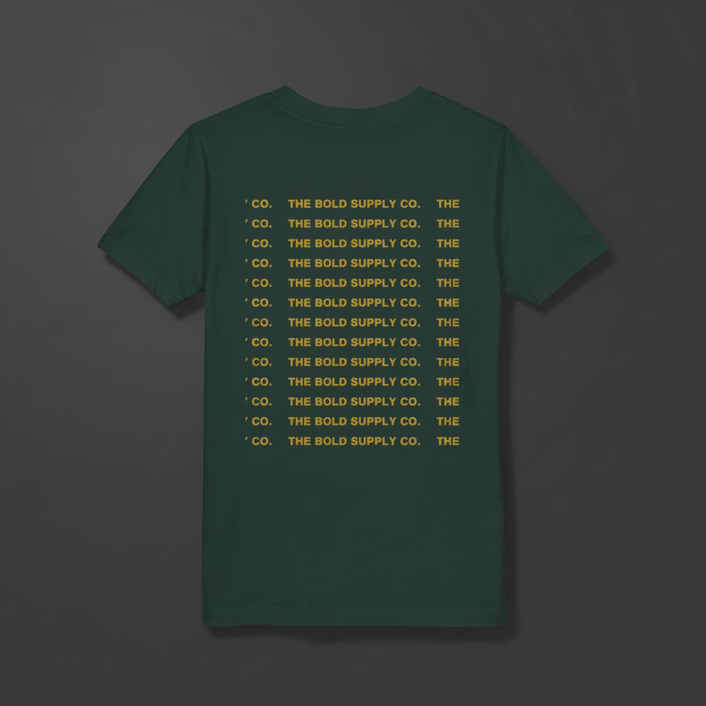 Green t-shirt with 'The Bold Supply Co.' text pattern on a white background