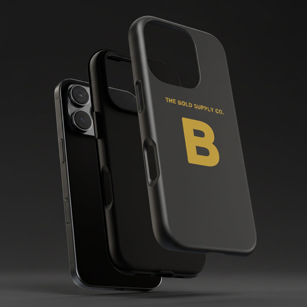 Black phone case with 'B' logo and 'The Bold Supply Co.' text on a white background