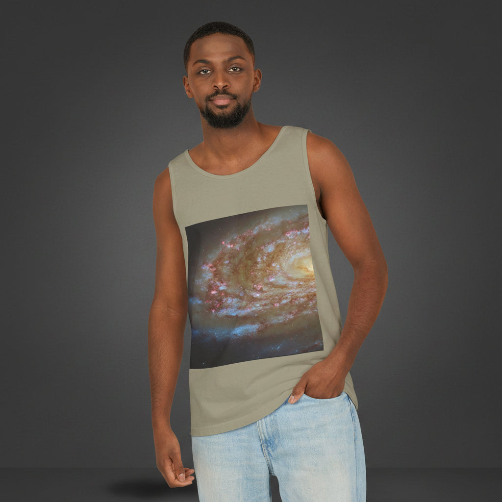 Man wearing a tank top with a galaxy print on a white background