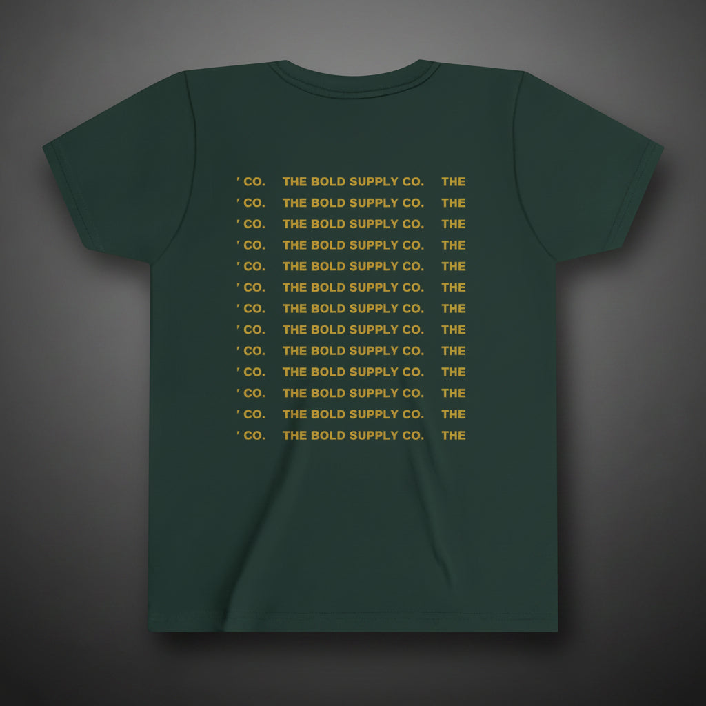 Green t-shirt with 'The Bold Supply Co.' text pattern on a white background