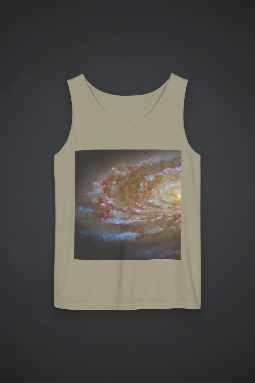 Beige tank top with a galaxy print on a white background