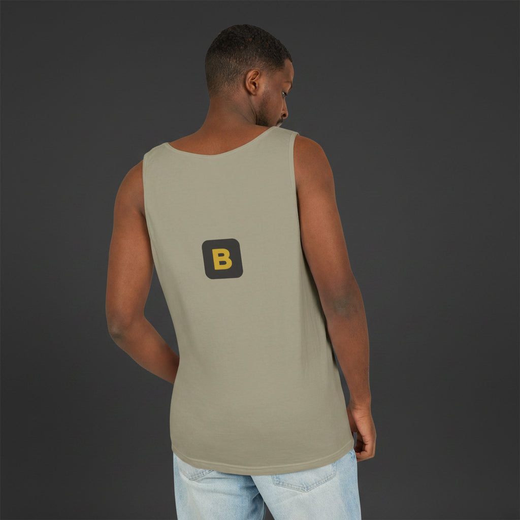 Man wearing a beige tank top with a logo on the back against a white background