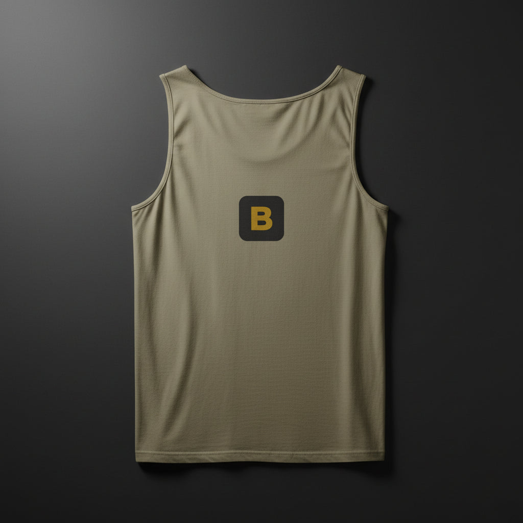 Beige tank top with a black square featuring a yellow 'B' on a white background