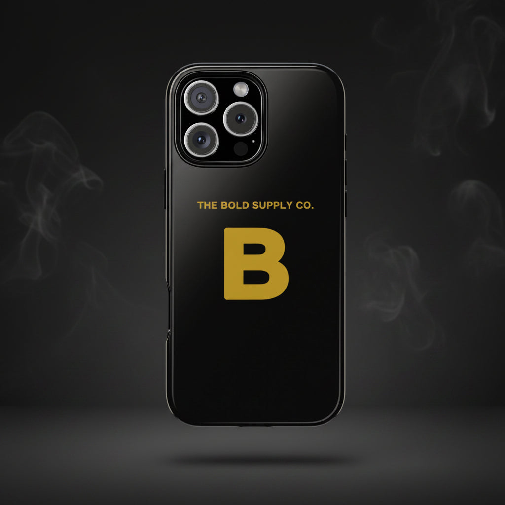 Black phone case with 'The Bold Supply Co.' text and logo on a white background
