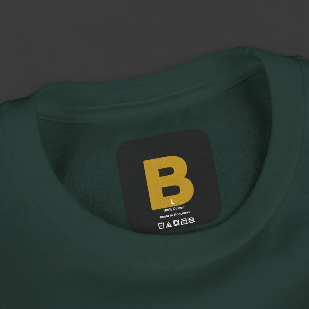 Green t-shirt with a yellow 'B' logo on the collar area