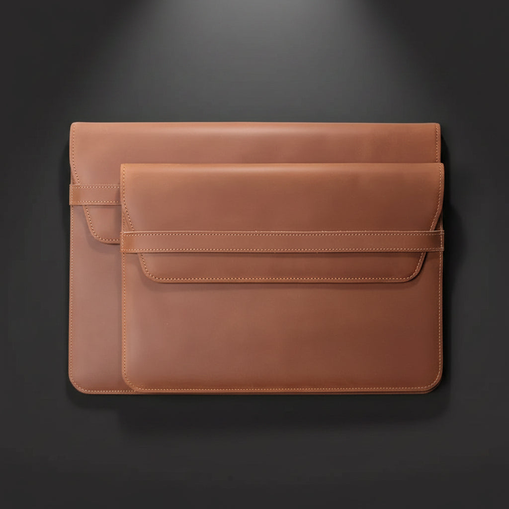 Brown leather laptop sleeve on a white background
