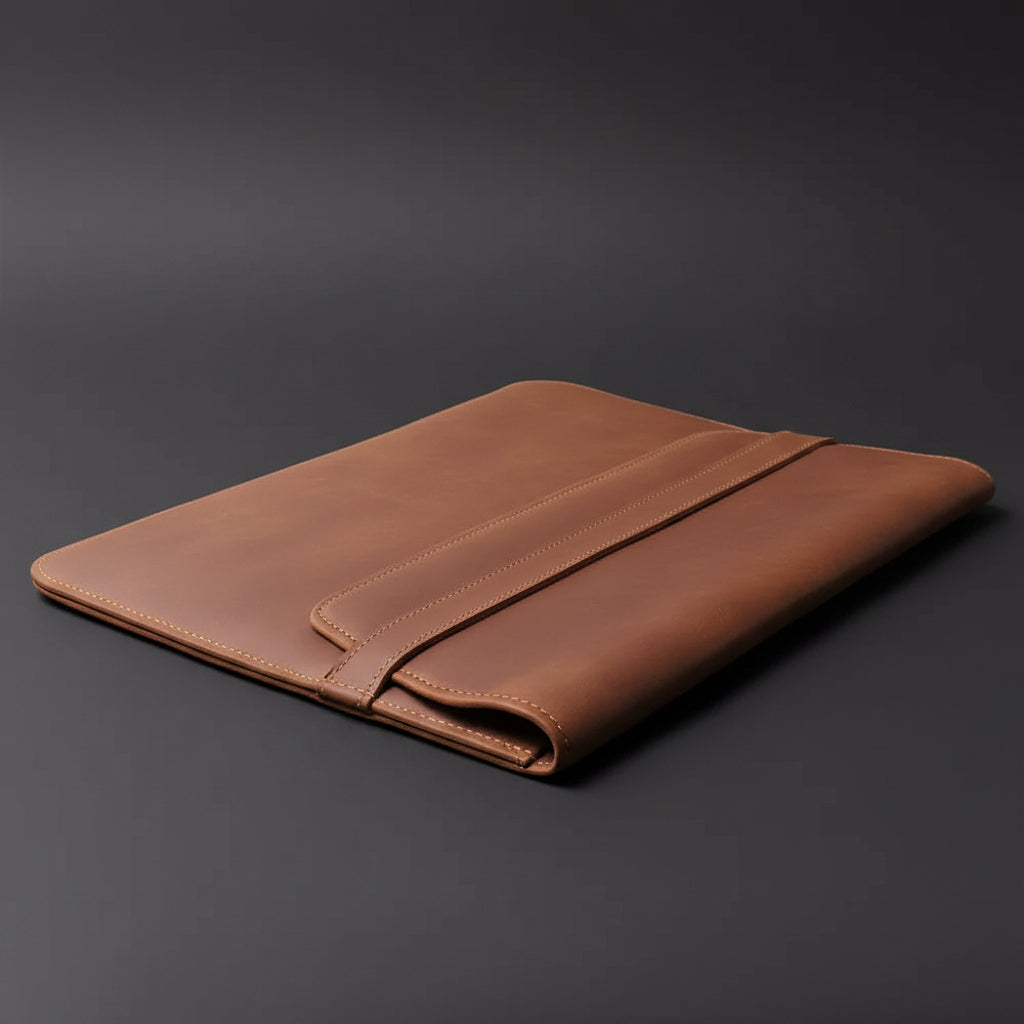 Brown leather case on a white background