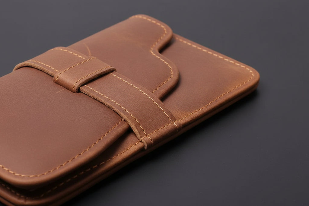 Close-up of a brown leather wallet with visible stitching on a white background