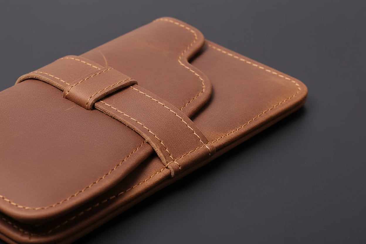 Close-up of a brown leather wallet with visible stitching on a white background