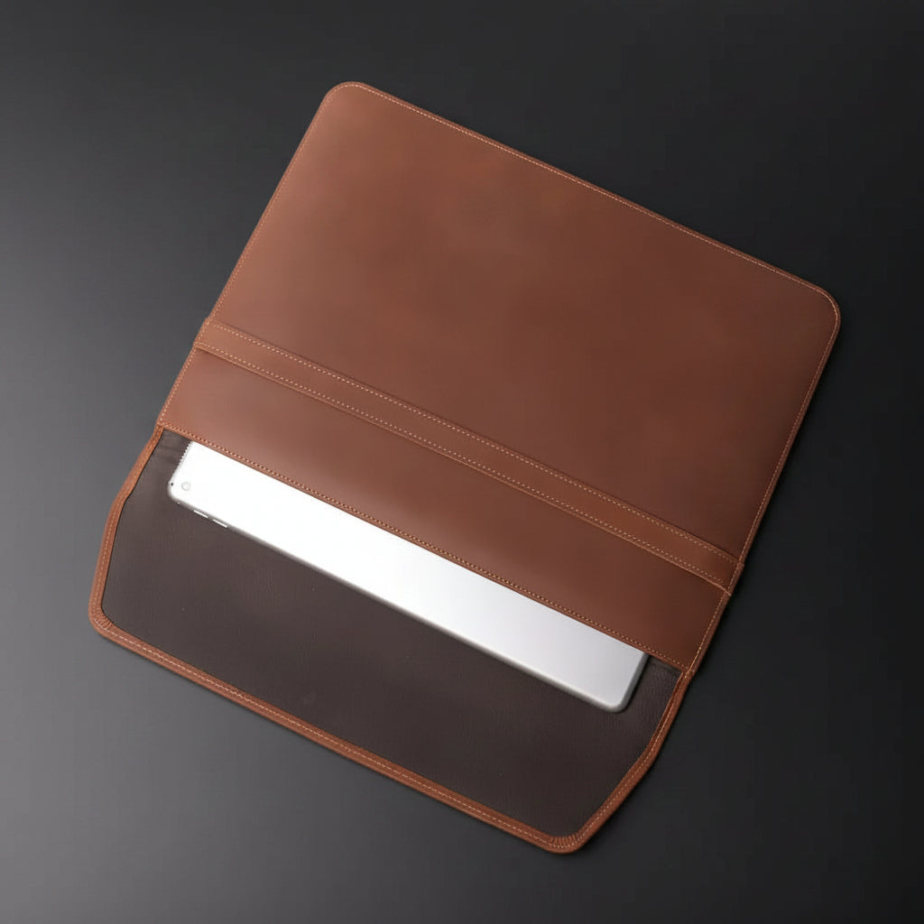 Brown leather sleeve with a laptop inside on a white background