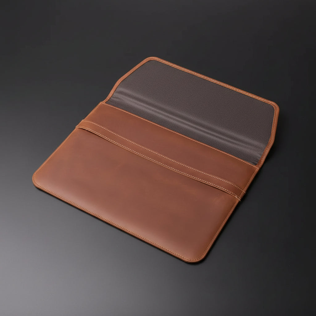 Brown leather pouch with gray interior on a white background