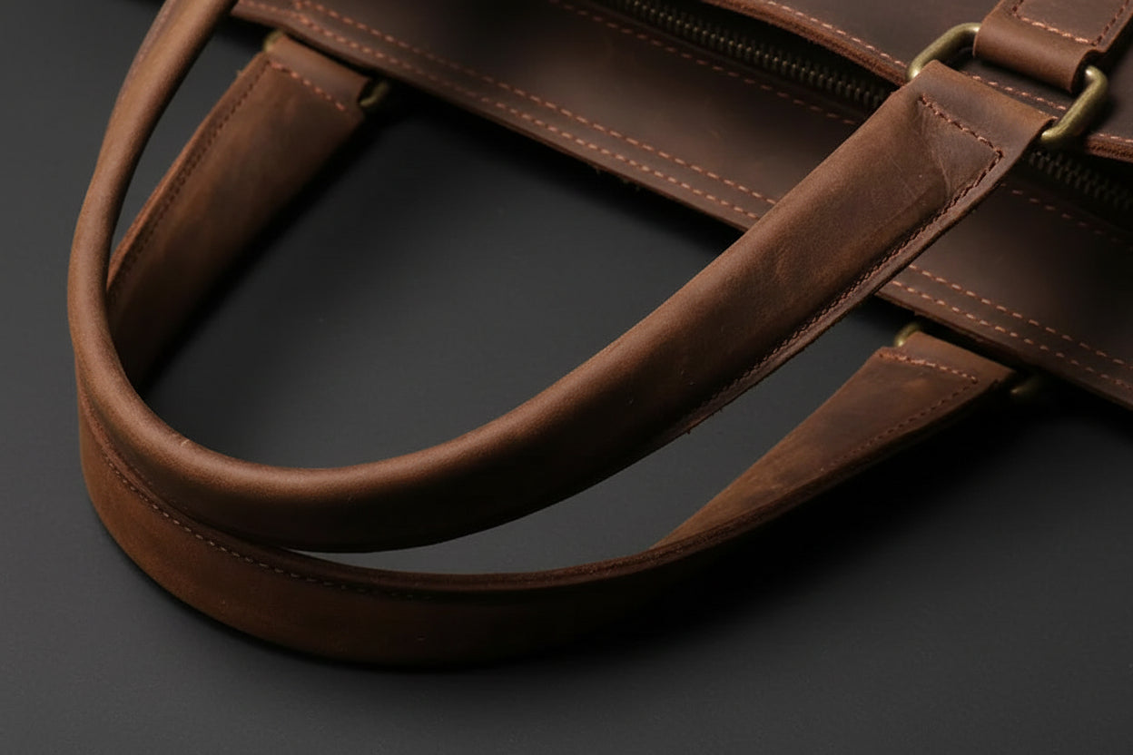 Close-up of a brown leather handbag on a white background