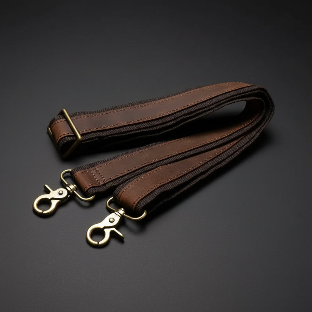 Brown leather strap with gold hardware on a white background