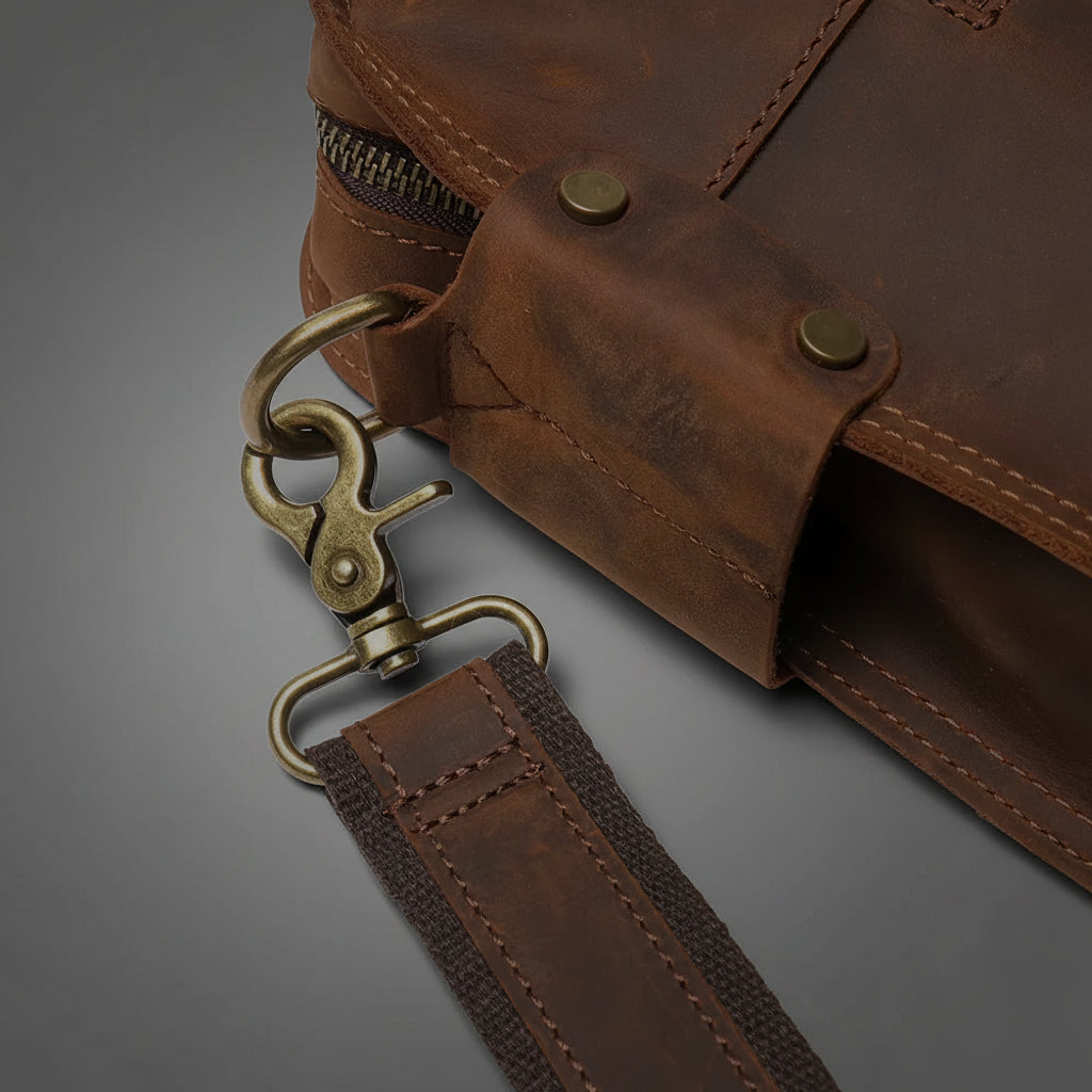 Close-up of a brown leather bag with a strap and brass clasp on a white background
