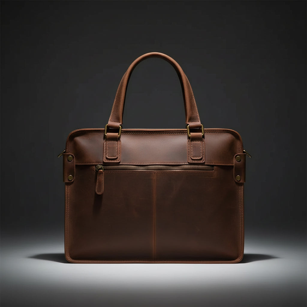 Brown leather briefcase on a white background