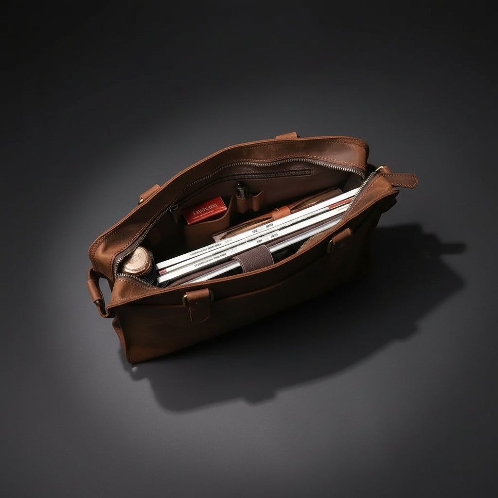 Brown leather bag with items inside on a white background