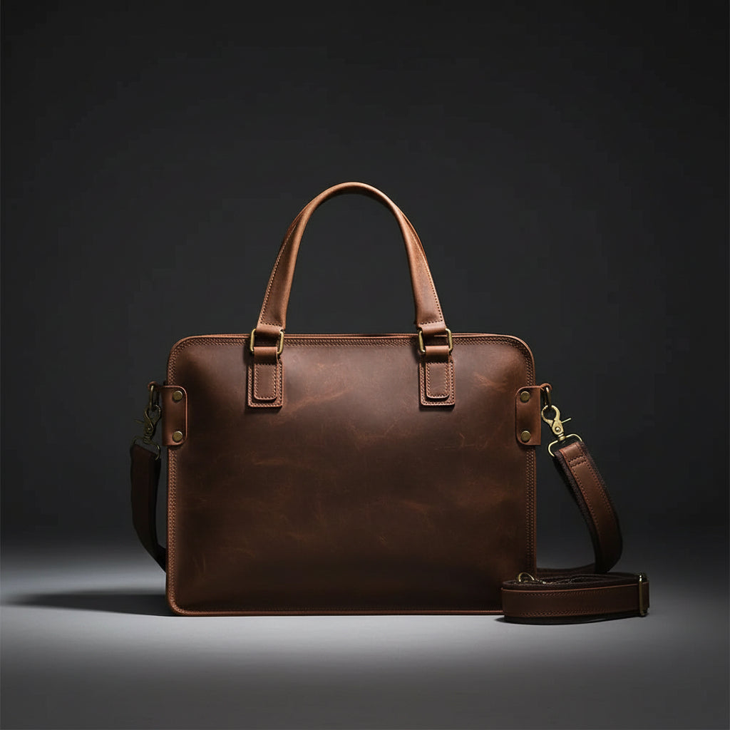 Brown leather briefcase with gold hardware on a white background