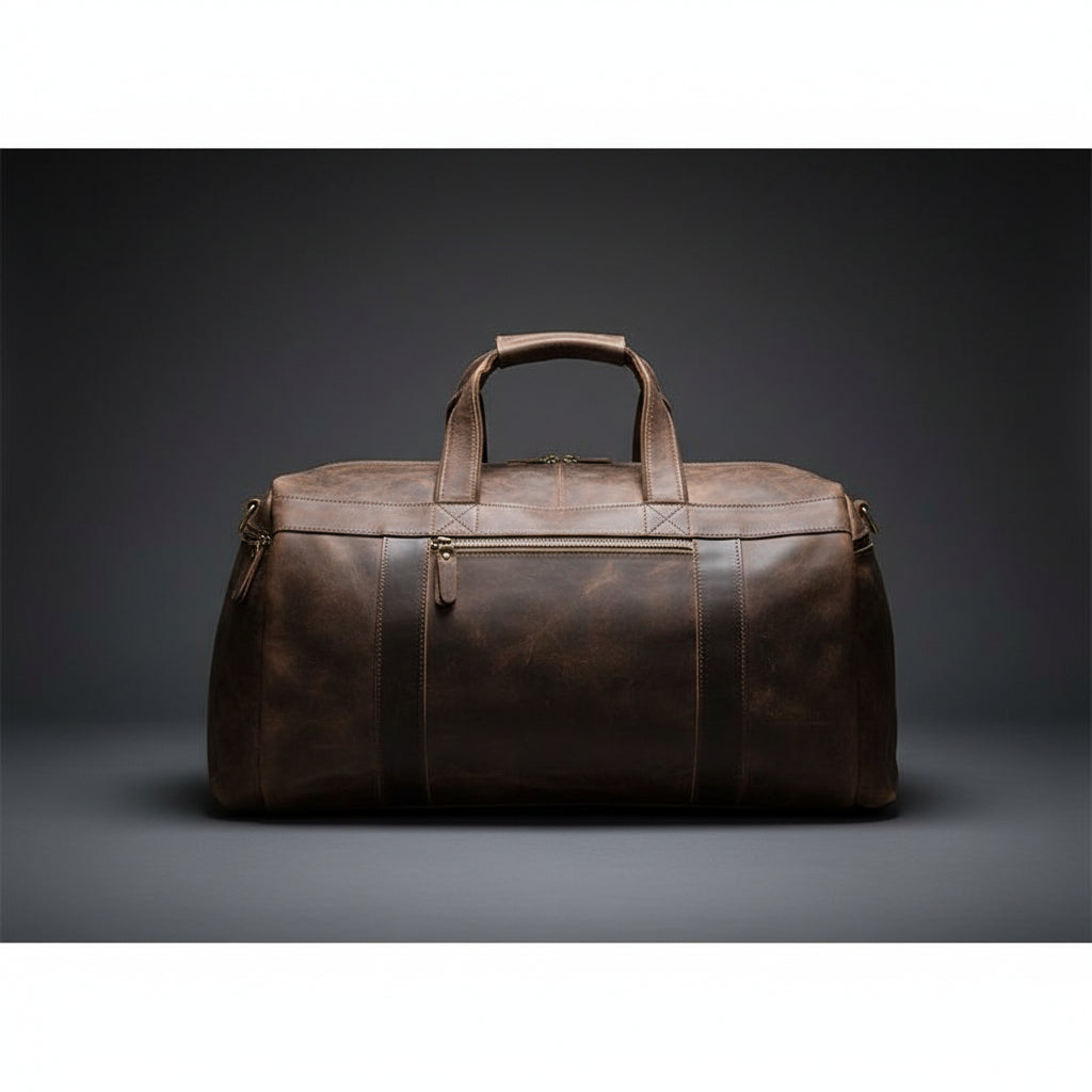 Brown leather duffel bag on a white background
