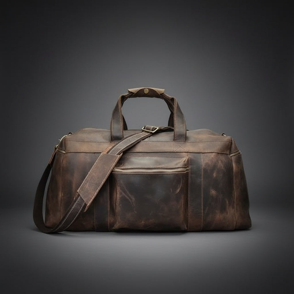 Brown leather duffel bag with a strap on a white background