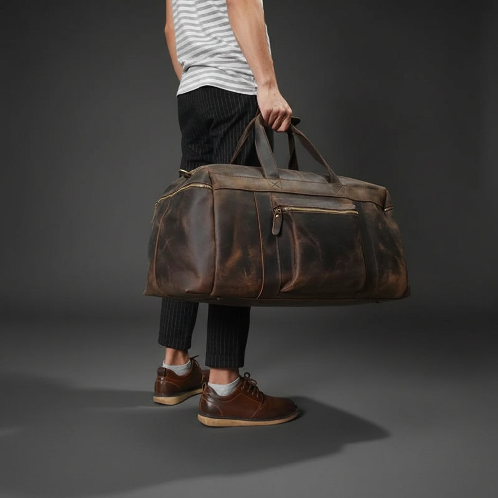 Person holding a brown leather duffel bag on a white background