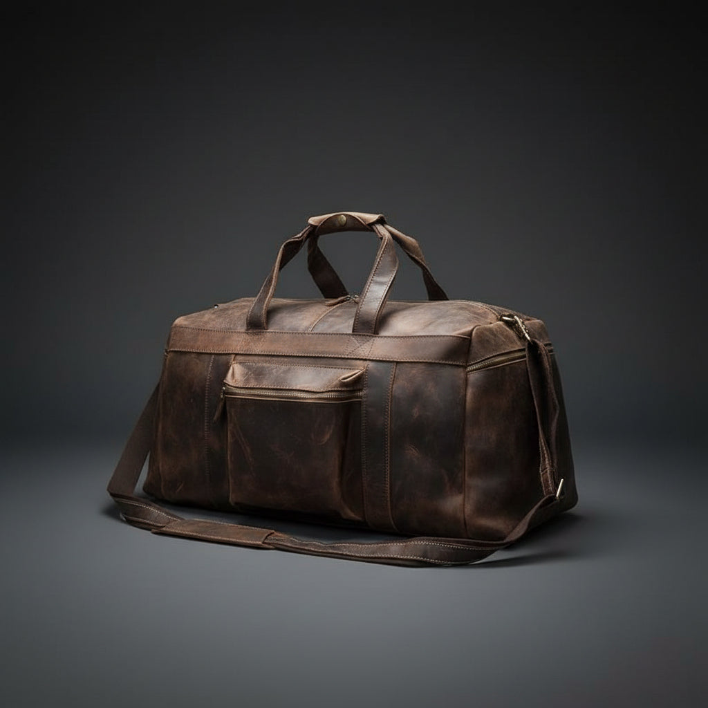 Brown leather duffel bag with multiple pockets on a white background