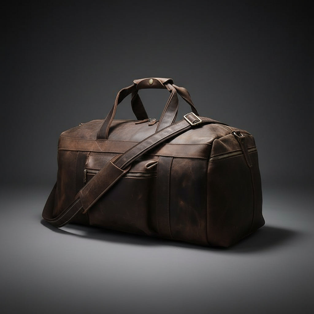 Brown leather duffel bag with a strap on a white background