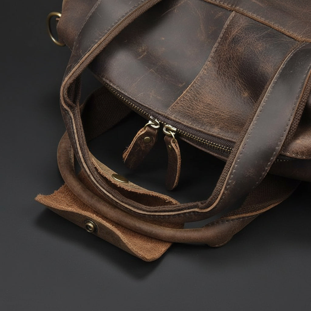 Brown leather bag with a strap on a white background