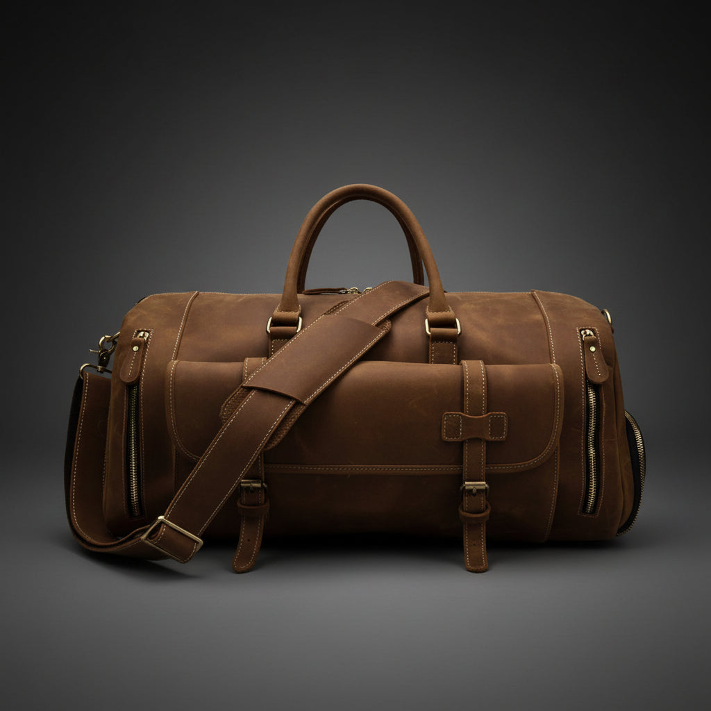 Brown leather duffel bag with multiple zippers on a white background
