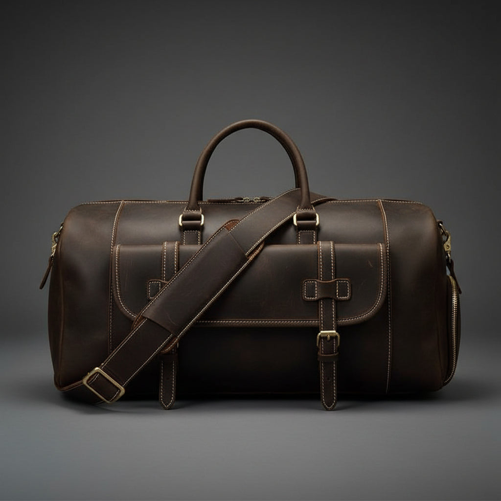 Brown leather duffel bag with a shoulder strap on a white background
