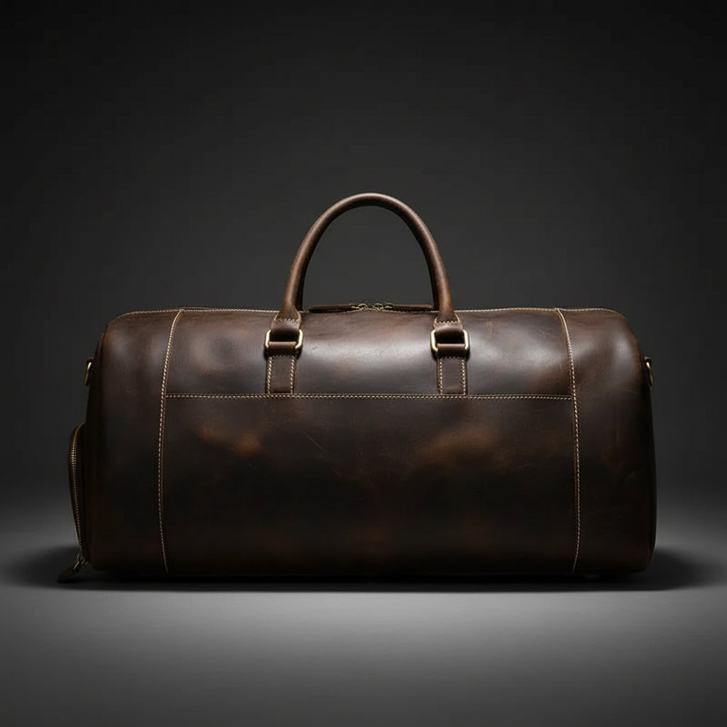 Brown leather duffel bag on a white background