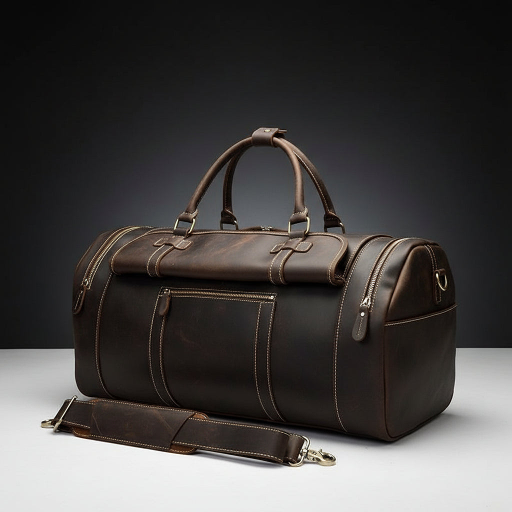 Brown leather duffel bag with gold buckles on a white background