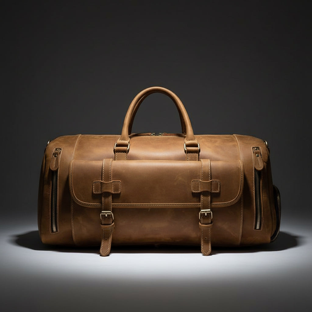 Brown leather duffel bag with multiple straps and zippers on a white background
