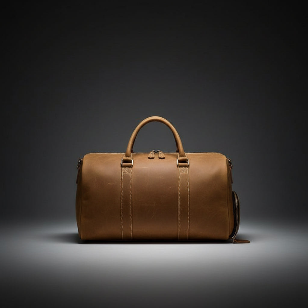 Brown leather duffel bag on a white background