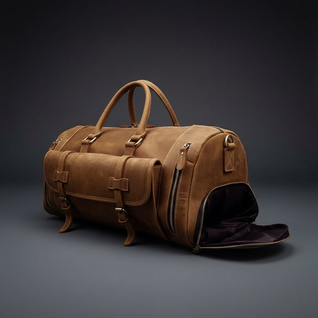 Brown leather duffel bag with open front pocket on a white background